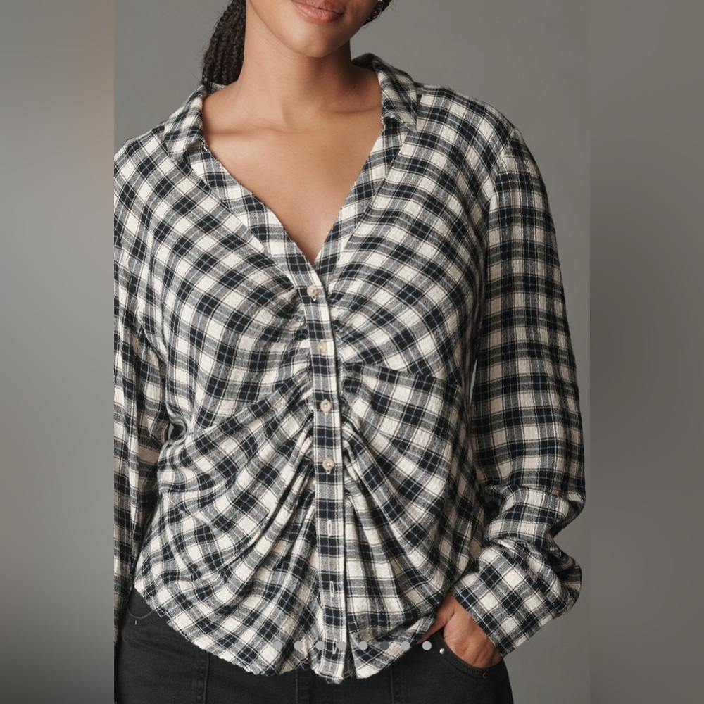 Anthropologie The Keaton Ruched Collared Blouse by Pilcro in Plaid NEW - Picture 6 of 10